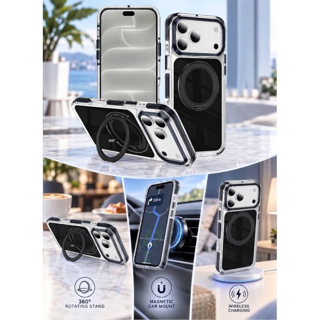 CATANES Magnetic Case For iPhone 18 Pro Max Clear TPU Cover with 360-Degree Rotating Ring Kickstand - Black
