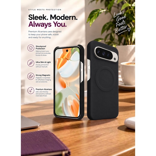 CATANES Premium Alcantara Case for Google Pixel 9 Pro Magnetic Shockproof Slim Cover - Black
