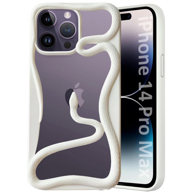 CATANES iPhone 14 Pro Max Case Cover Soft TPU and Glossy with Snake Design - White