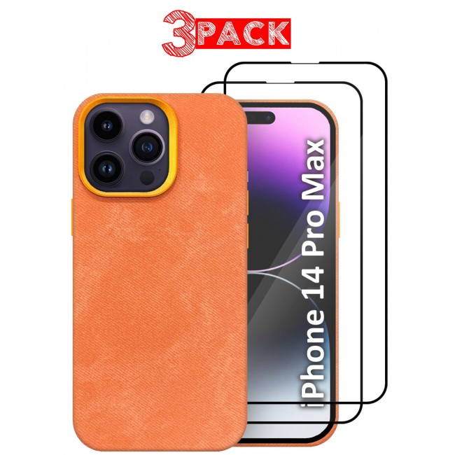 CATANES 3Packs iPhone 14 Pro Max Alcantara Case Cover Premium Quality Luxurious Soft Touch Protection with Metal Camera Frame with Two 3D Screen Protectors - Orange