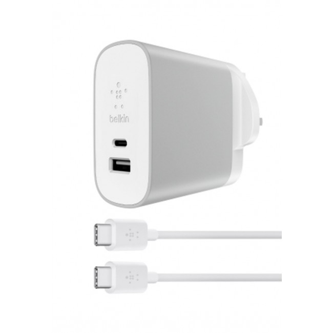 Belkin 27W Wall Charger for Samsung Galaxy S8/S8 Plus with USB-A and USB-C Ports - Silver