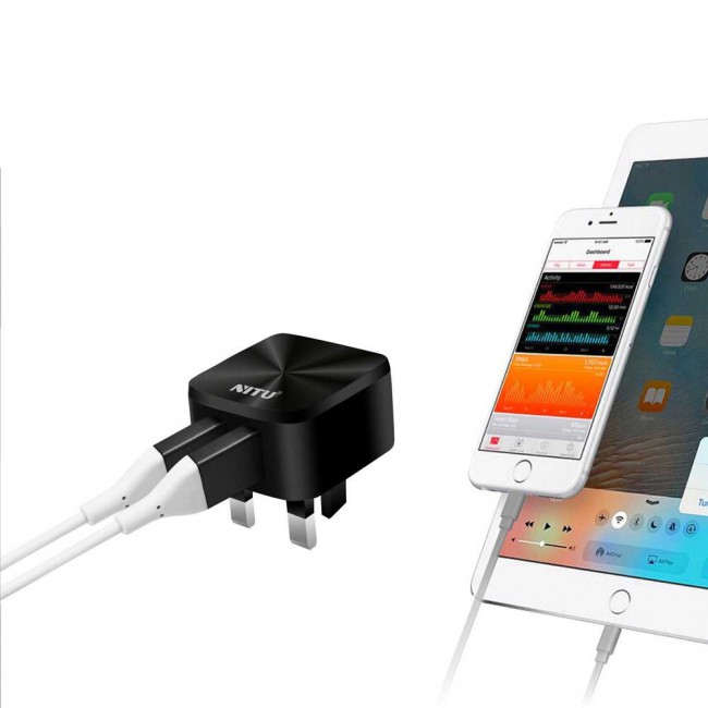 Nitu NT-TC020 Dual USB Auto ID Travel Wall Charger 2.4A with Lightning , Micro and Type-C USB Cable – Black