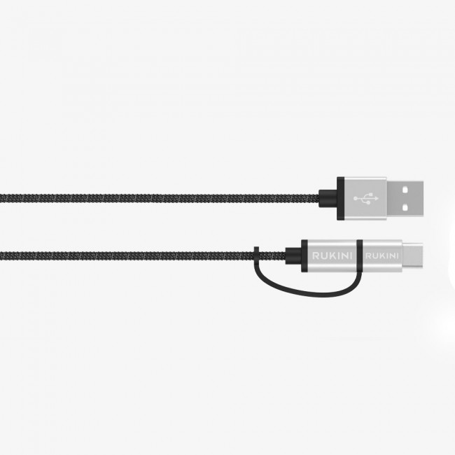RUKINI 2in1 Micro &amp; Type-C USB Cable Nylon Braided 1m RK302BP - Black