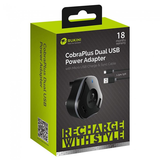 RUKINI Power Adapter Dual USB CobraPlus with Micro USB Cable 1.5m/5ft COPL402M – Black , White , Coral