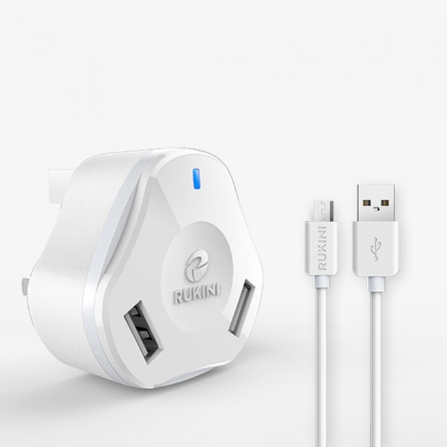 RUKINI Power Adapter Dual USB CobraPlus with Micro USB Cable 1.5m/5ft COPL402M – Black , White , Coral