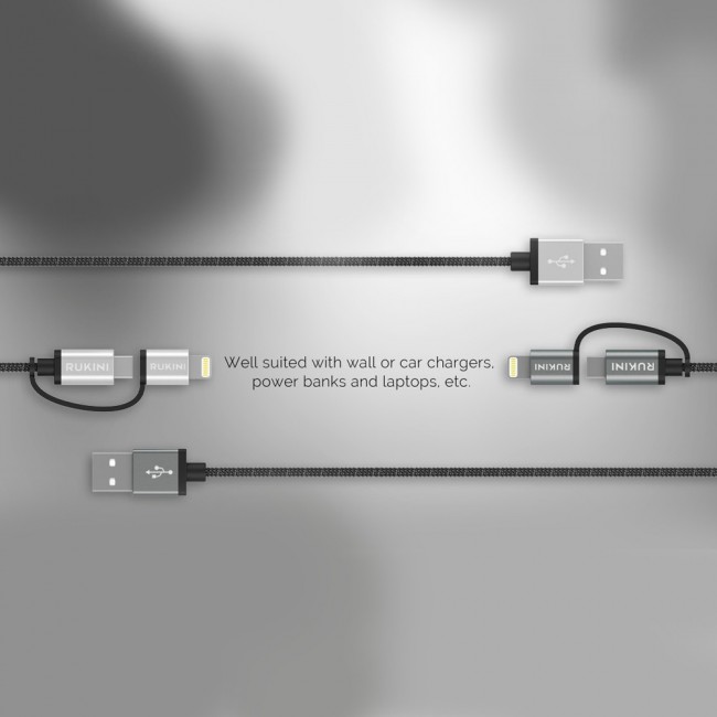 Rukini 2 in 1 Micro USB &amp; Lightning Charge and Sync Cable Nylon Braided 1m RK301BP – Black 