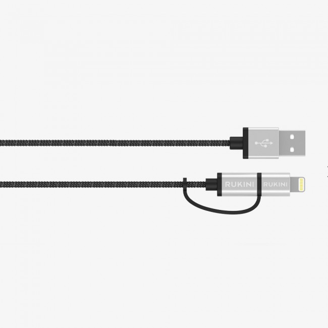 Rukini 2 in 1 Micro USB &amp; Lightning Charge and Sync Cable Nylon Braided 1m RK301BP – Black 