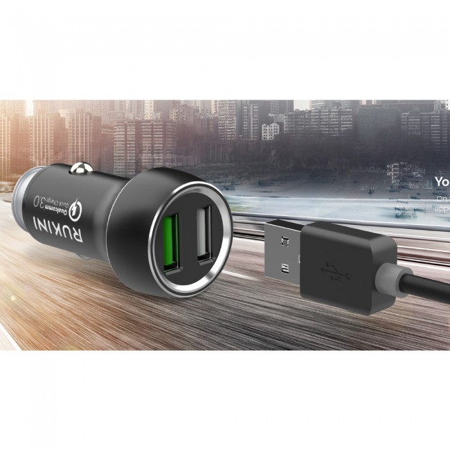 Rukini Dual USB Car Charger 30W QC.3.0 with 1m Micro USB cable RC309 – Black , Silver