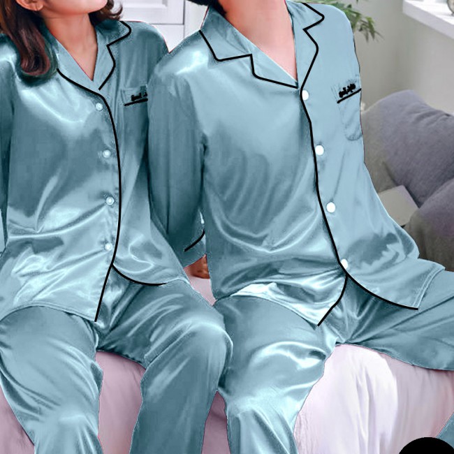 MARGOUN Couples Matching Pajamas Silk Long Sleeve Sleepwear Satin Soft  Button Down Loungewear Pjs/Blue/Large Male and Medium Female/MG04 COUPLE  NIGHT PJS