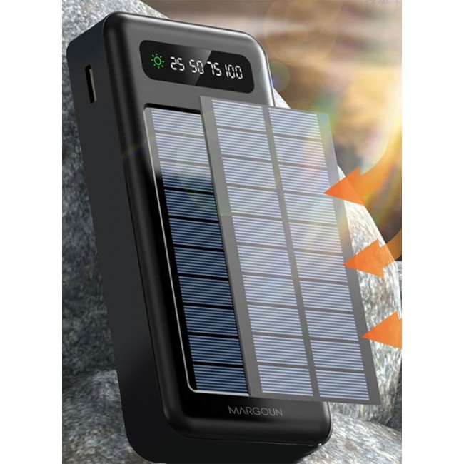 MARGOUN 20000mAh Solar Power Bank Big Capacity Phone Charging Powerbank with Cable External Battery Phone Fast Charger Black