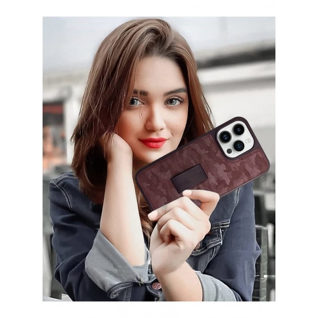 iPhone 14 Pro Case with Hand Strap Finger Loop Camouflage PU Leather Back Cover Maroon