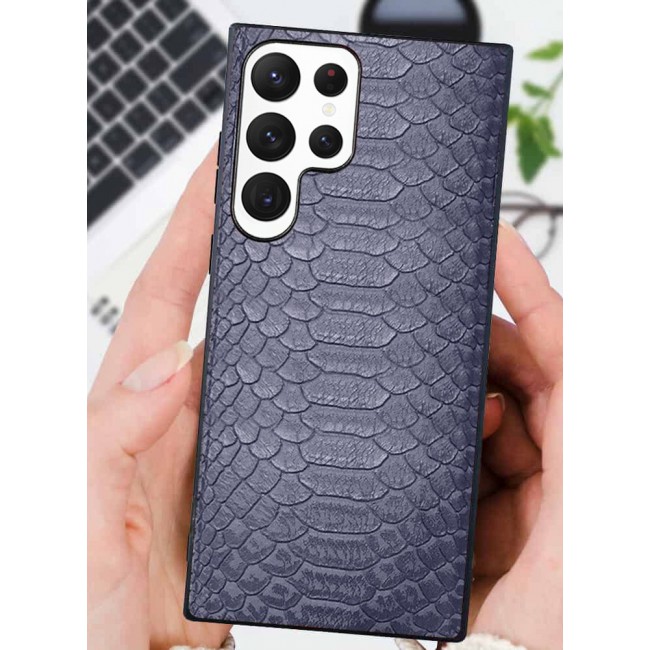 Samsung Galaxy S23 Ultra Case Leather Case Cover Luxury Snake Skin Pattern Slim Shockproof Back Cover Blue