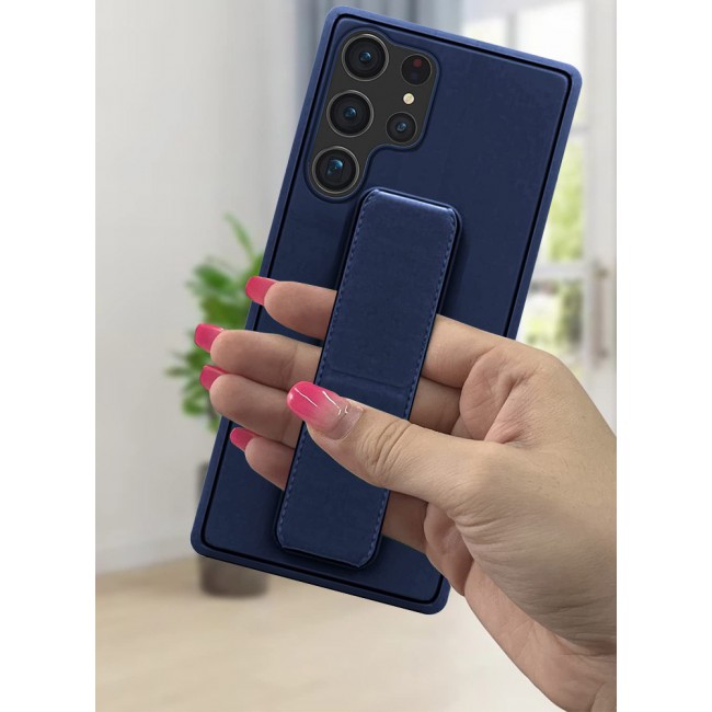 Samsung Galaxy S23 Ultra Grip Case Magnetic Kickstand Cover with Foldable Hand Strap Dark Blue