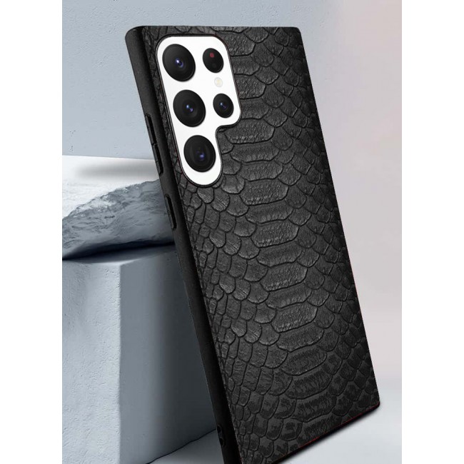 Samsung Galaxy S23 Ultra Case Leather Case Cover Luxury Snake Skin Pattern Slim Shockproof Back Cover Black