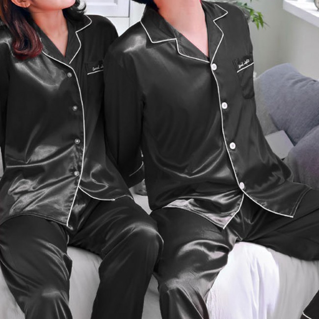 New Couple Women Men Silk Satin Pajamas Long Sleeve Sleepwear