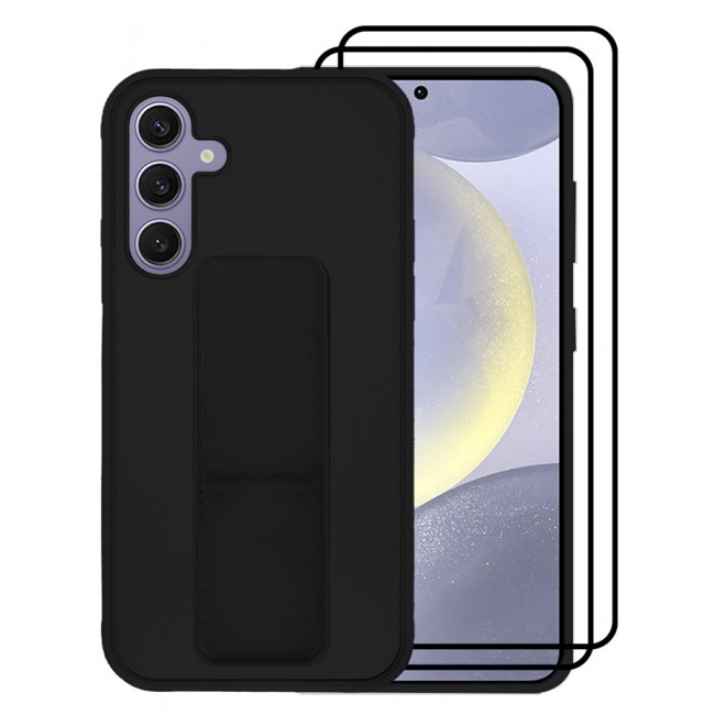 MARGOUN 3 Packs For Samsung Galaxy S24 Plus Case and 2 Screen Protectors Magnetic Stand and Holder Premium Silicone Vertical and Horizontal Hand Strap Grip Multi Stand Cover Black